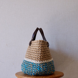 麻繩籃袋，綠松石藍，白色線條 第3張的照片