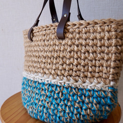 麻繩籃袋，綠松石藍，白色線條 第4張的照片