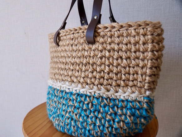 麻繩籃袋，綠松石藍，白色線條 第4張的照片