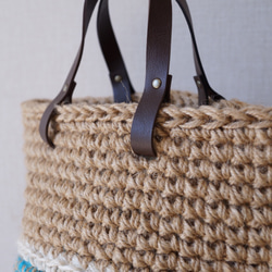 麻繩籃袋，綠松石藍，白色線條 第7張的照片