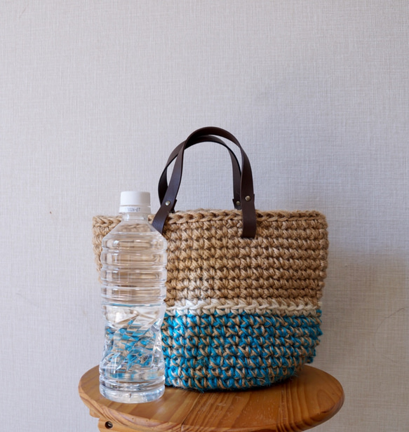 麻繩籃袋，綠松石藍，白色線條 第8張的照片