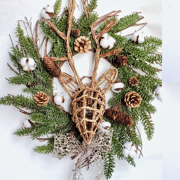 ［ 送料無料 ] ウッドトナカイとコットンのクリスマスリース  造花 インテリア リース Xmas ドアリース