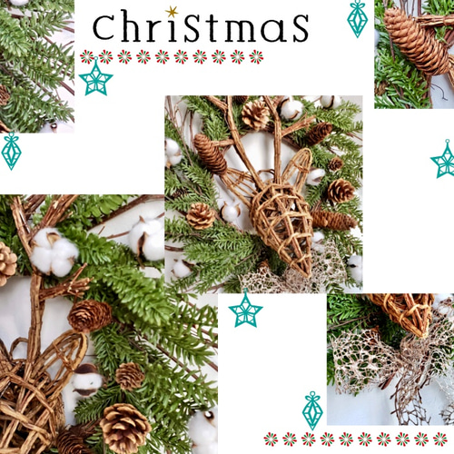 送料無料 ] ウッドトナカイとコットンのクリスマスリース 造花