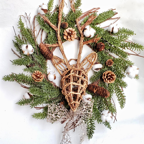 送料無料 ] ウッドトナカイとコットンのクリスマスリース 造花