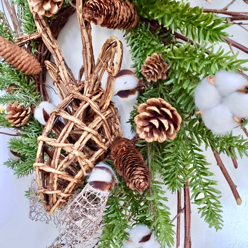 コットン付　トナカイリース　クリスマスリース 送料無料 ] ウッドトナカイとコットンのクリスマスリース 造花