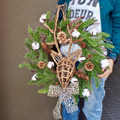 送料無料 ] ウッドトナカイとコットンのクリスマスリース 造花