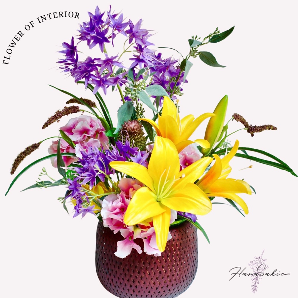 イエローリリーのアレンジメント 造花 置物 送料無料 ユリ ゆり 百合 インテリア フラワーアレンジメント 敬老の日