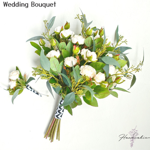 NO.64 ナチュラルグリーンのブーケ&ブートニア&ヘッドドレスのセット