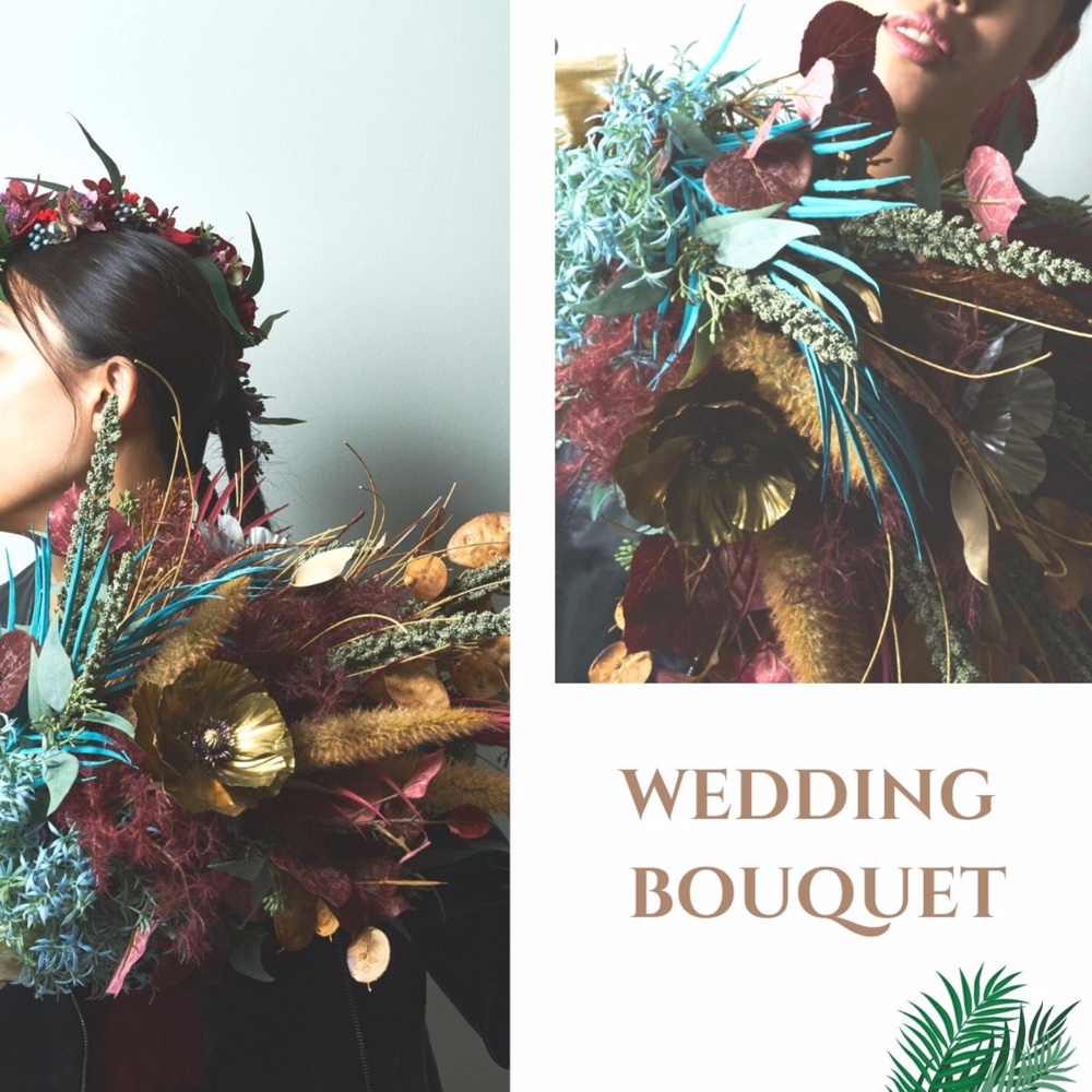 【 受注後制作商品 】秋冬 赤 キャメル ブーケ 造花 ウェディングブーケ ブーケ ブートニアセット 花嫁 秋冬