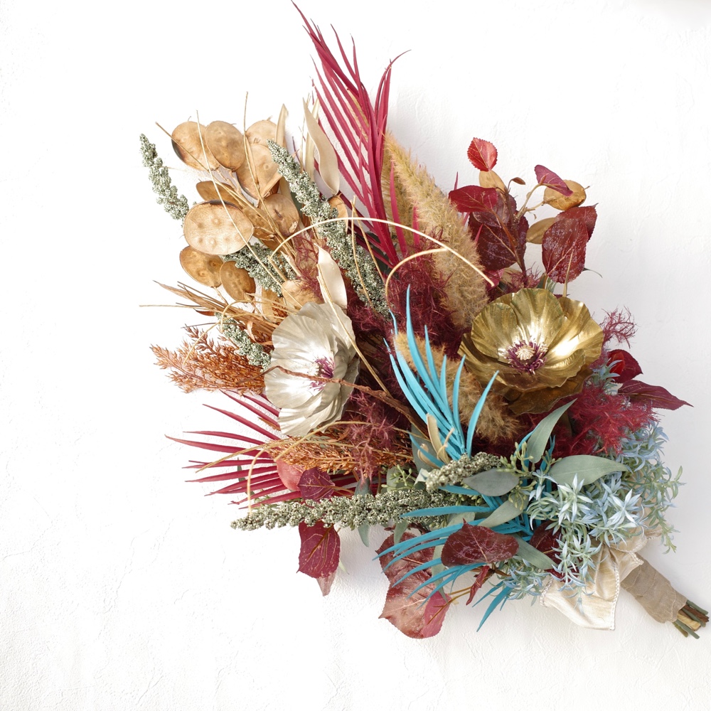 【 受注後制作商品 】秋冬 赤 キャメル ブーケ 造花 ウェディングブーケ ブーケ ブートニアセット 花嫁 秋冬