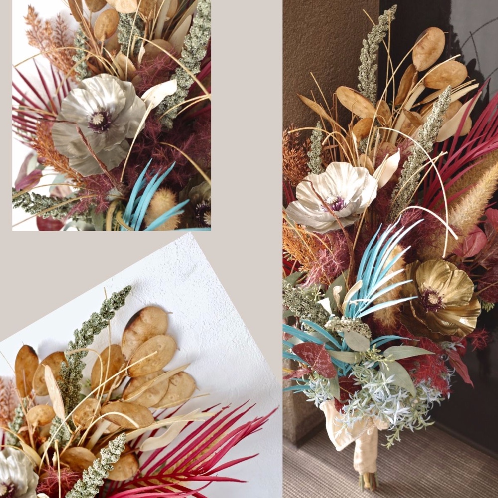 【 受注後制作商品 】秋冬 赤 キャメル ブーケ 造花 ウェディングブーケ ブーケ ブートニアセット 花嫁 秋冬