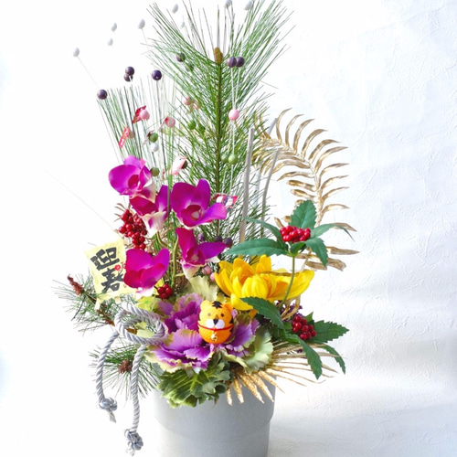 ランと葉牡丹のお正月アレンジメント 造花 置物 正月飾り らん お飾り