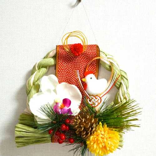 しめ縄飾り 色とりどりの花 もこもことりの丸しめ縄飾り（グリーン） しめ縄・しめ飾り HanaSakie
