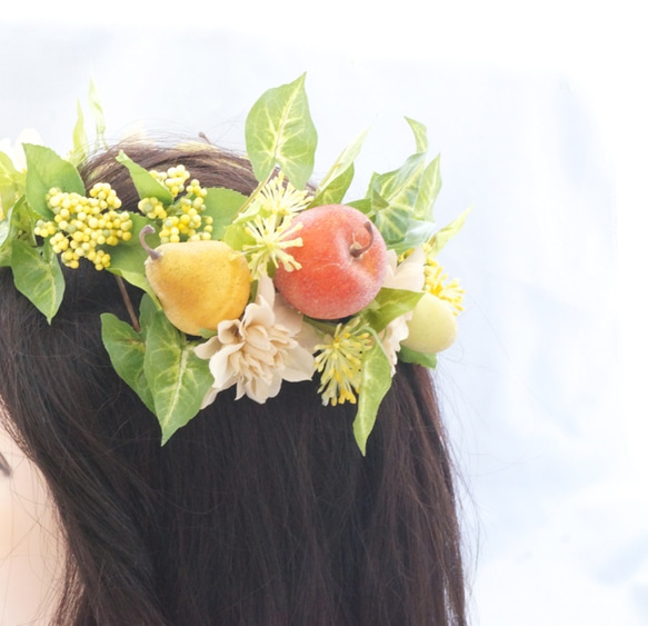 天然水果頭租賃花冠花冠無毛髮飾品髮飾人造花果品蘋果前新娘 第2張的照片