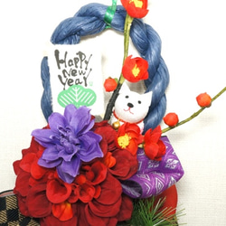 ☆１点モノ☆梅の花 ダリア ちりめんワンコ お正月しめ縄飾り 5枚目の画像