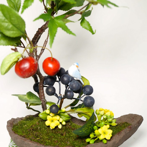 [建議作為慶賀紀念日的禮物]綠葉，蘋果樹和藍鳥的假盆景&lt;船形&gt;人造花日本內部CT催化劑加工 第2張的照片