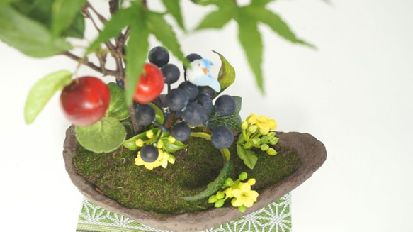 [建議作為慶賀紀念日的禮物]綠葉，蘋果樹和藍鳥的假盆景&lt;船形&gt;人造花日本內部CT催化劑加工 第4張的照片