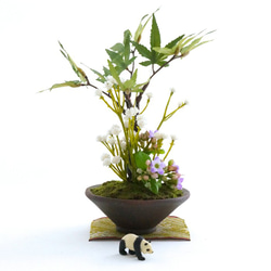 青紅葉 かすみ草 カランコエとパンダのミニフェイク盆栽 （造花） 6枚目の画像