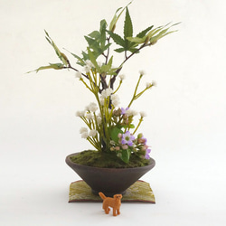 青紅葉 かすみ草 紫カランコエと犬のミニフェイク盆栽 （造花） 7枚目の画像