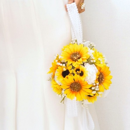 向日葵 かすみ草 レースリボン ボールブーケ ブートニアセット 黄色 白 ひまわり ウエディングブーケ ブライダルブーケ