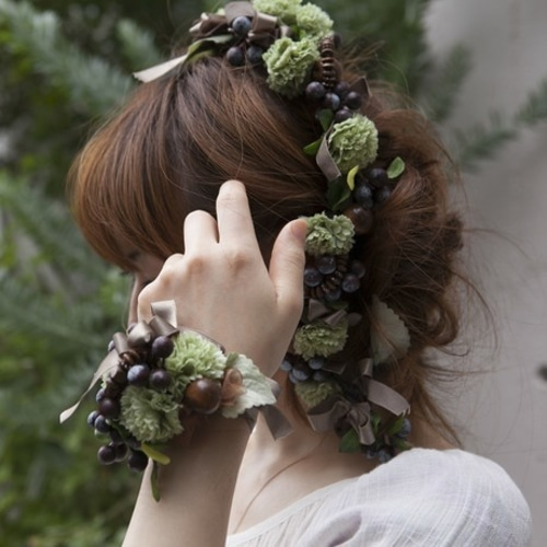 渋めでカワイイヘアガーランドとリスレットのセット ヘッドドレス 