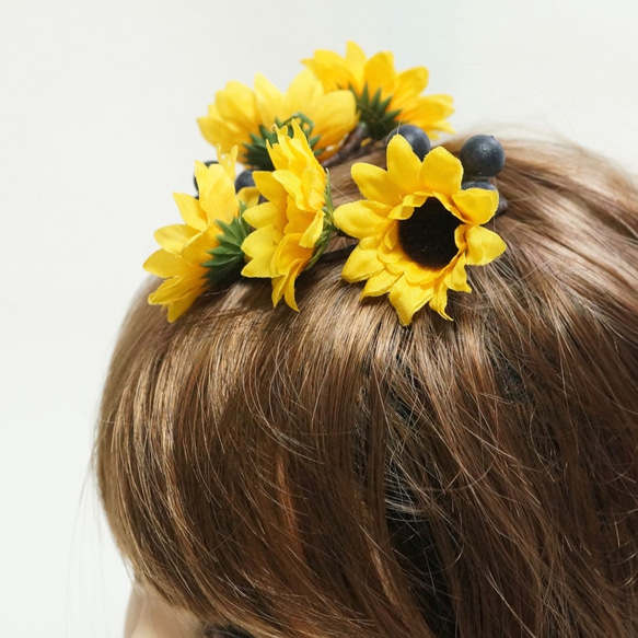 【 送料無料 】ひまわりの髪飾り 花嫁 浴衣 リゾート 夏のヘアアクセサリー ガーランド  造花 ゆかた 着物 ヘアアク 8枚目の画像