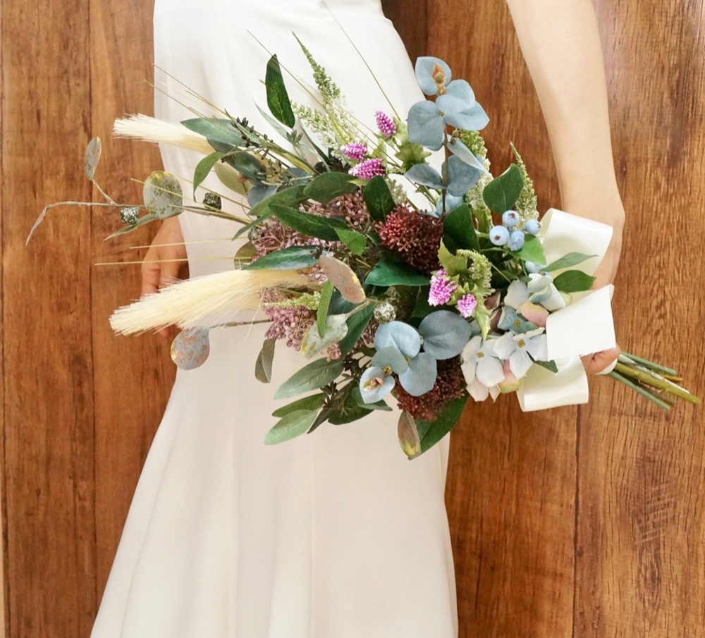 オシャレ花嫁に！バサッとナチュラル花束テイストブーケ /造花 ウェディングブーケ ブートニアセット CT触媒加工