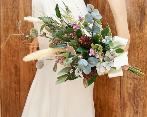 造花の花束とブートニアセット オシャレ花嫁に！バサッとナチュラル花束テイストブーケ /造花