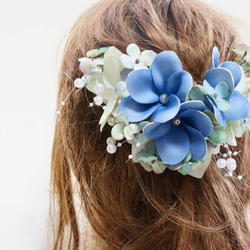 【 送料無料 】ブループルメリア・紫陽花・パールの髪飾り 組みヘッド ヘアオーナメント ウェディング プレ花嫁 6枚目の画像