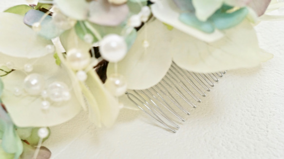 【 送料無料 】ブループルメリア・紫陽花・パールの髪飾り 組みヘッド ヘアオーナメント ウェディング プレ花嫁 8枚目の画像