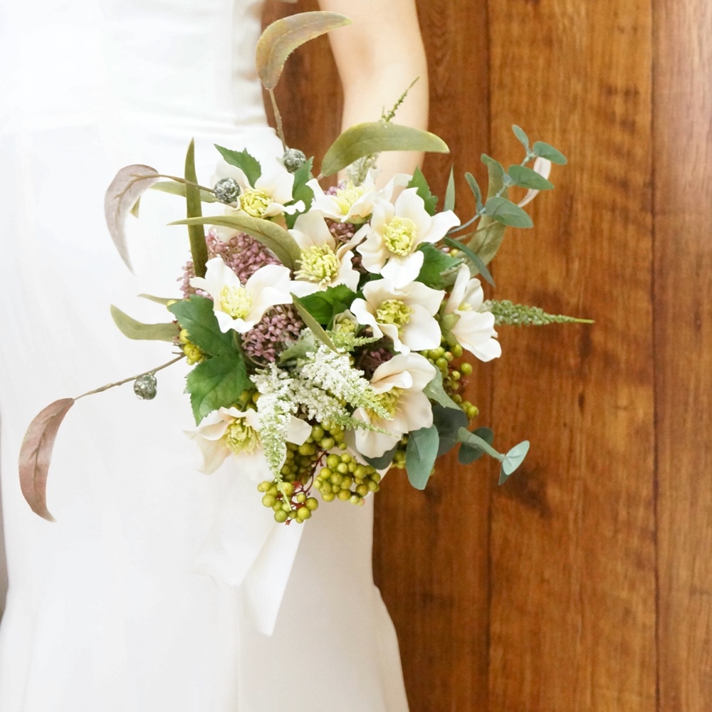 【 送料無料 】クリスマスローズ のラウンドブーケ 造花 ブーケ ブートニアセット 大人 ナチュラル