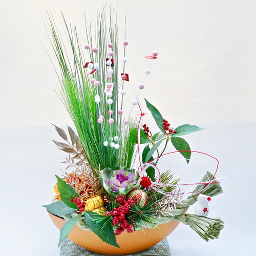 送料無料 ]舟形オレンジ花器のお正月アレンジ お正月飾り 造花 玄関