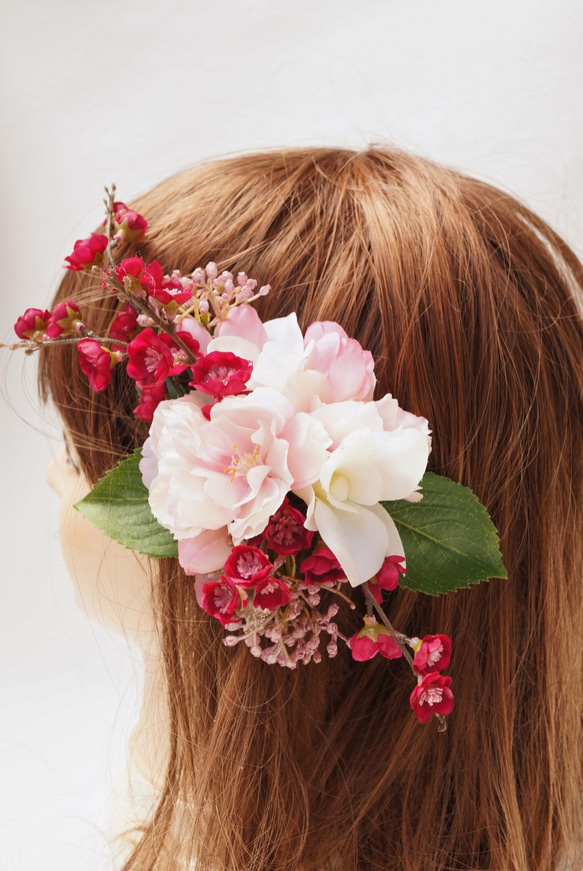 【 送料無料 】さくらと桃の花の髪飾り 造花 ピンク ウェデイング プレ花嫁 桜 サクラ ヘッドコサージュ 組みヘッド 7枚目の画像