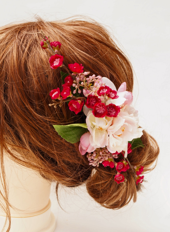 【 送料無料 】さくらと桃の花の髪飾り 造花 ピンク ウェデイング プレ花嫁 桜 サクラ ヘッドコサージュ 組みヘッド 8枚目の画像