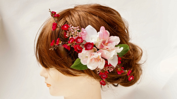 【 送料無料 】さくらと桃の花の髪飾り 造花 ピンク ウェデイング プレ花嫁 桜 サクラ ヘッドコサージュ 組みヘッド 9枚目の画像