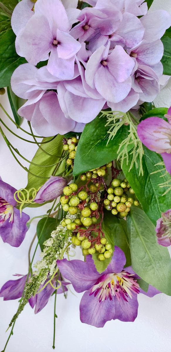 ［ 送料無料 ] 父の日ギフト クレマチスと紫陽花の掛け飾り 壁飾り ドア飾り 造花 ドア飾り ドアリース  紫 8枚目の画像