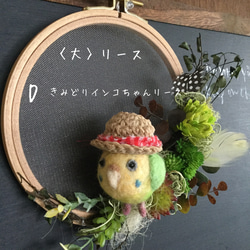 刺繍枠のリース　緑のインコちゃん 2枚目の画像