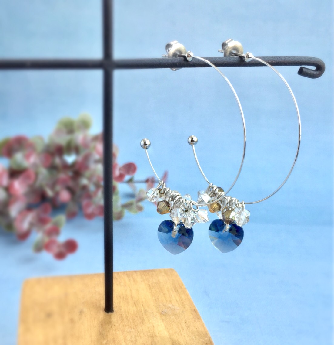 スワロフスキー デニムブルーハートのフープピアス ピアス（フープ 