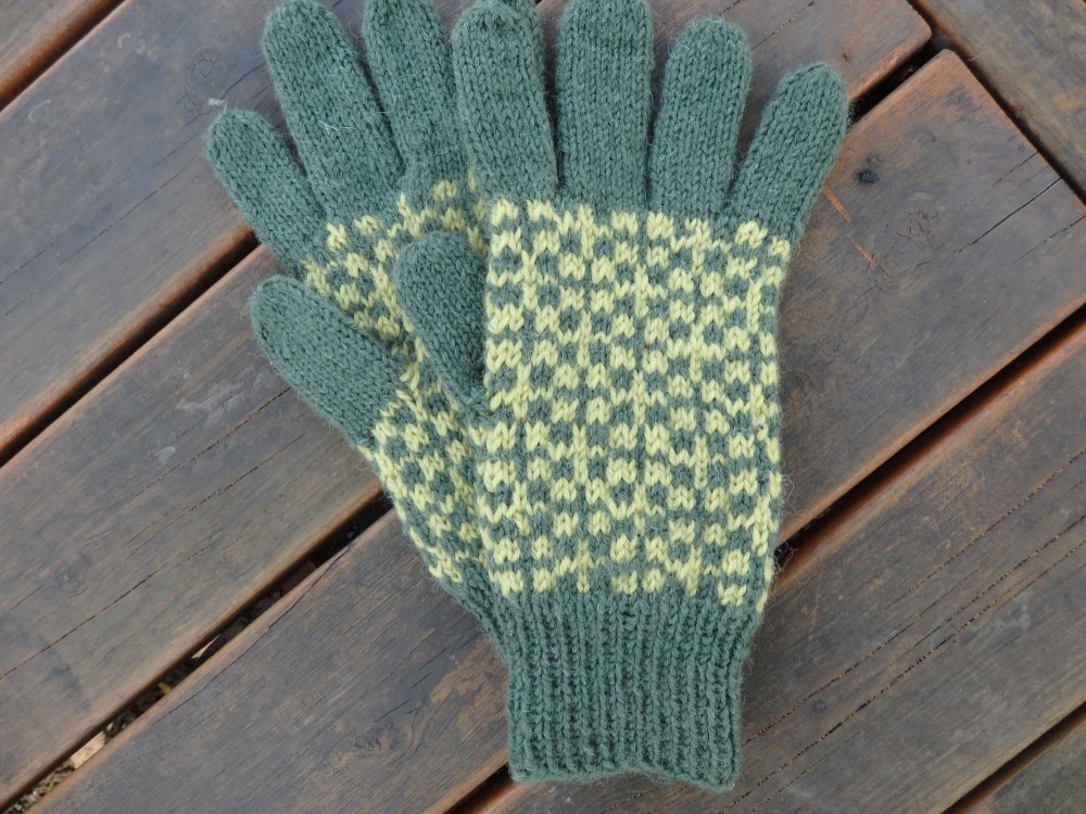 和柄手袋【十字市松】松緑色×苅安色