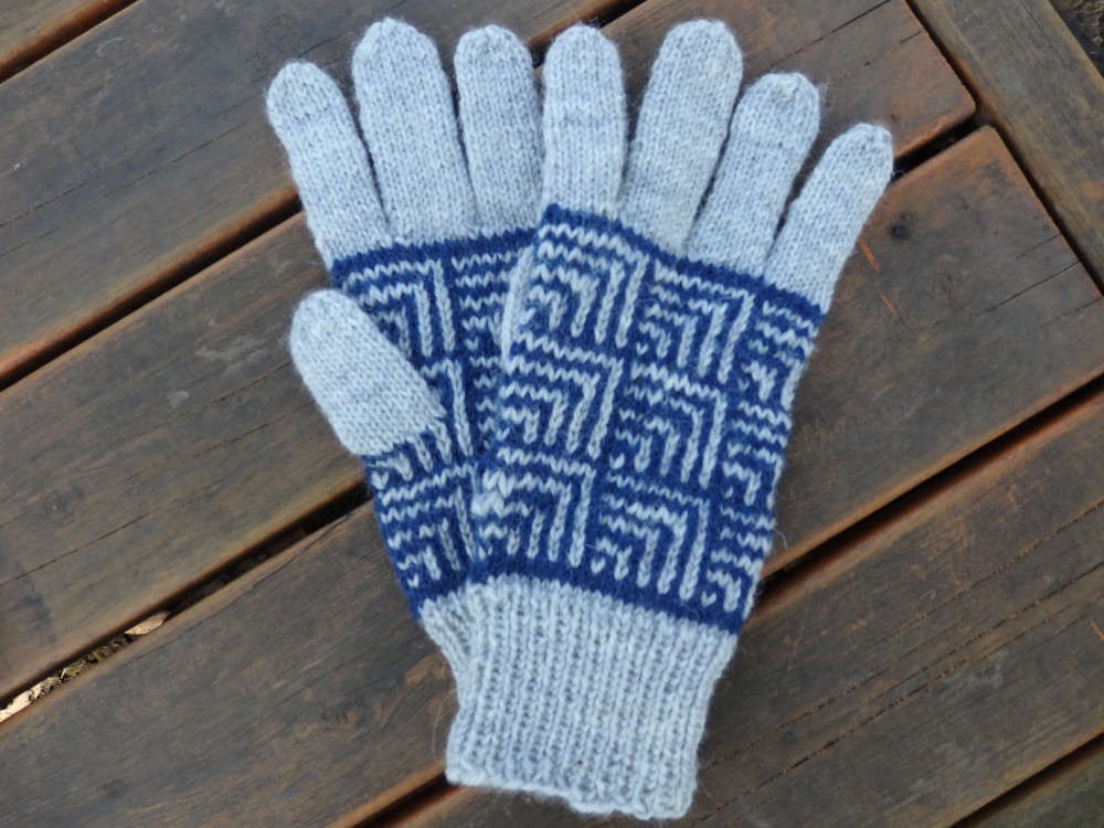 和柄手袋【角青海波】白鼠色×紺青色