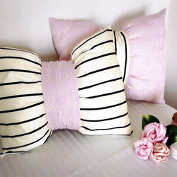 damask & stripe ♡ ribbon cushion【単品】 1枚目の画像