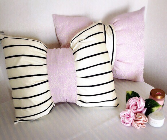 damask & stripe ♡ ribbon cushion【セット】 1枚目の画像