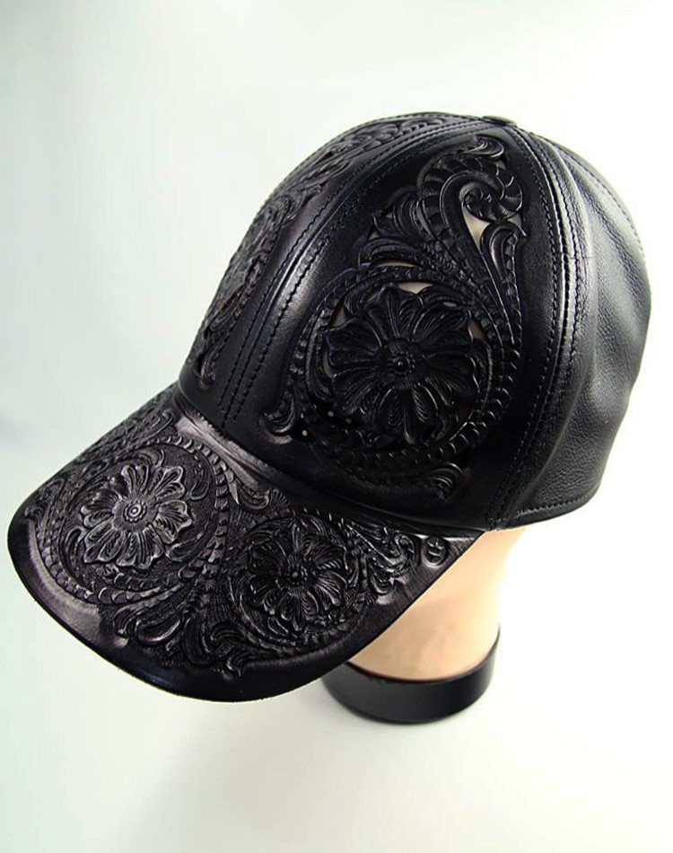 [受注製品]レザーカービングキャップ(フロントカービング・フルブラック)