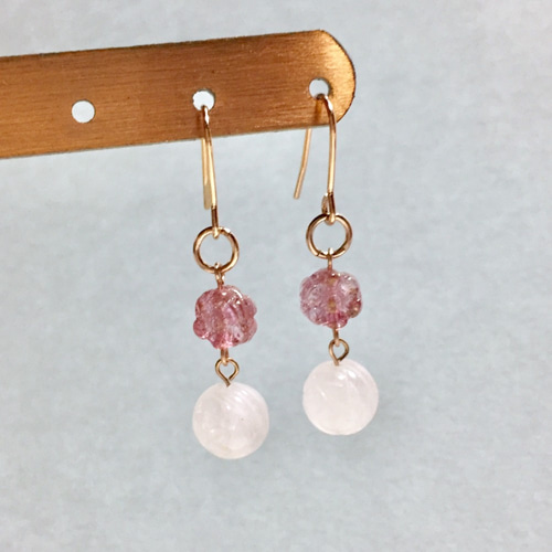 銅製ゴールド色フック☆薔薇☆ローズクォーツピアス 7A