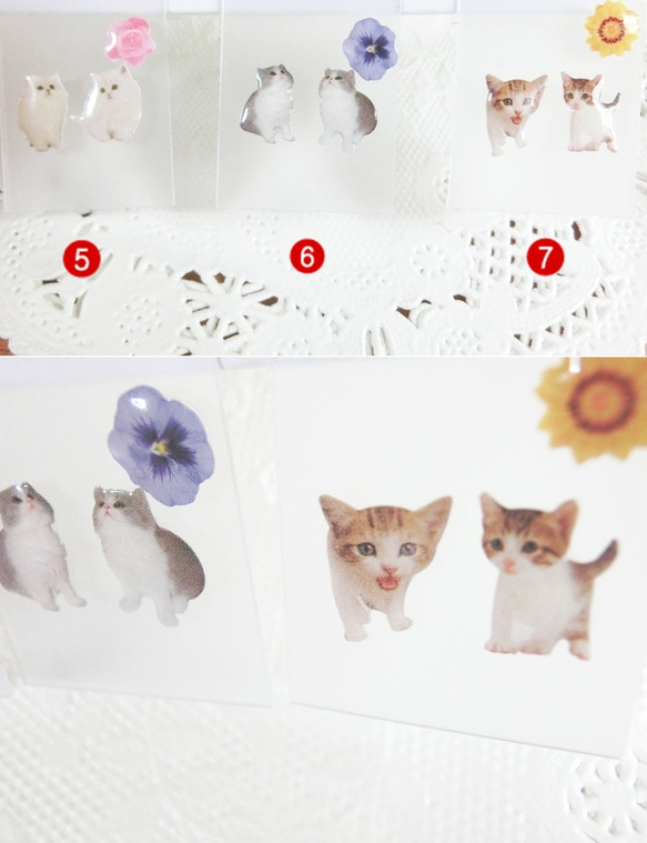 7種・プチ動物ピアス（猫さんお花つき3点）樹脂クリア 3枚目の画像