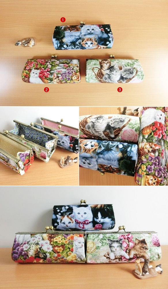 6種・お花猫柄箱型がま口ポーチ横長丸底 5枚目の画像