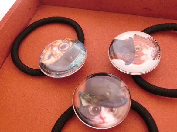 10種・円型ガラスヘアゴム：お洒落帽子猫柄アクセサリ 3枚目の画像