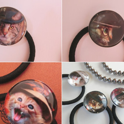 10種・円型ガラスヘアゴム：お洒落帽子猫柄アクセサリ 6枚目の画像