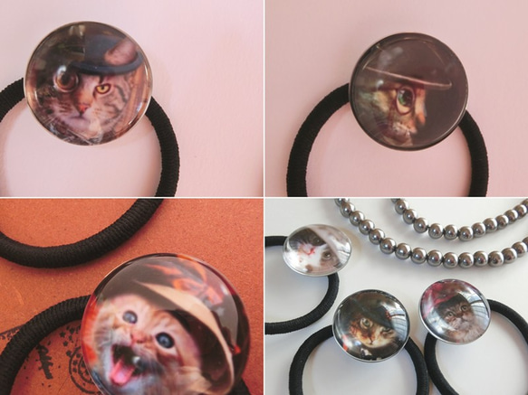 10種・円型ガラスヘアゴム：お洒落帽子猫柄アクセサリ 6枚目の画像