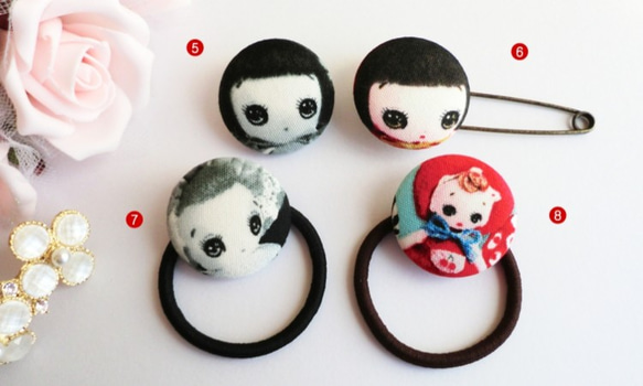 お人形柄Ｌ円型ヘアゴム＆ブローチ(選べる金具)はんぱ布雑貨アクセ 3枚目の画像